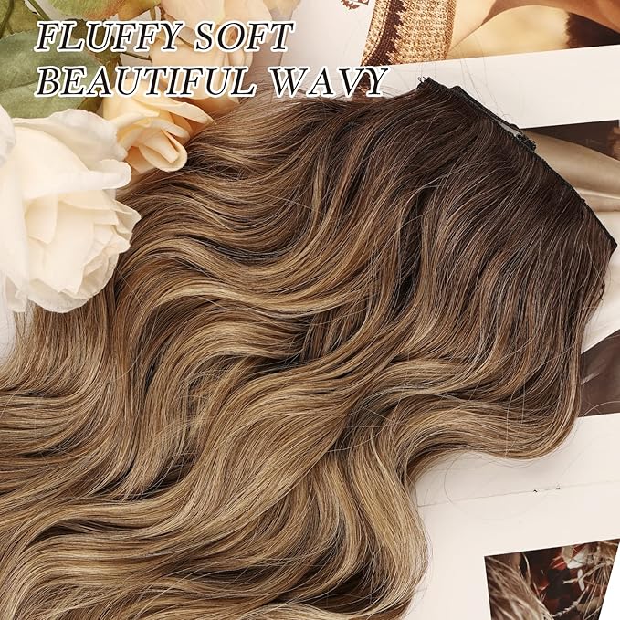 NAYOO Clip in Hair Extensions for Women 20 Inch Long Wavy Curly Ombre Brown to Blonde Hairpieces Full Head Synthetic Hair Hairpieces(6PCS,Ombre Brown to Blonde)
