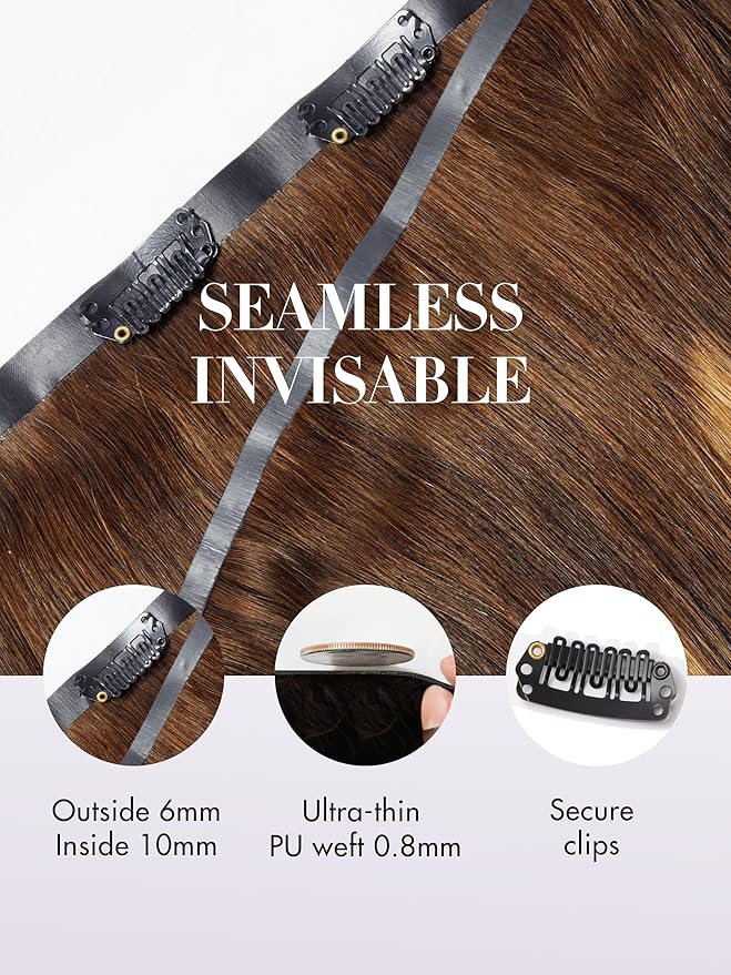 LUVME Seamless Clip in Hair Extensions, 20 Inch 135g 7pcs #4/27 Hair Extensions Clip in Human Hair Invisible PU Skin Weft Natural Remy Human Hair