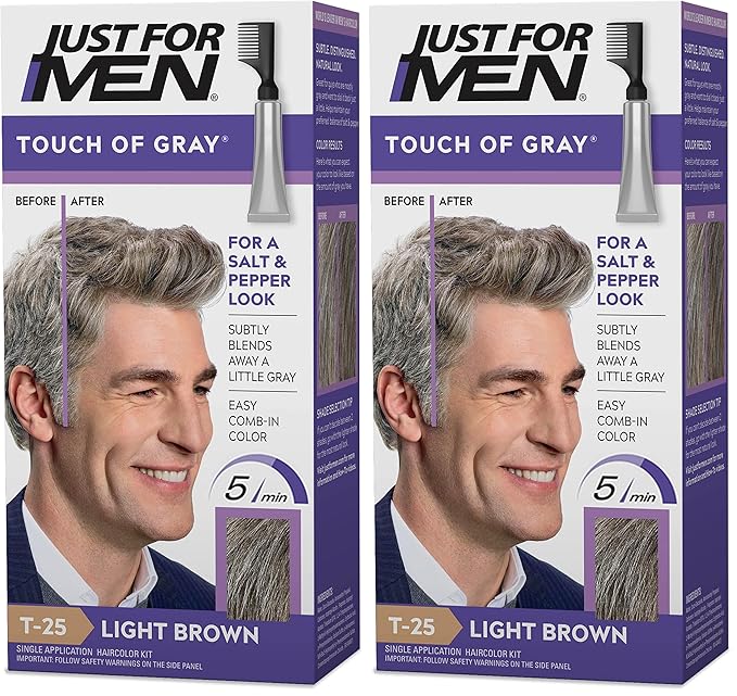 Just For Men Touch of Gray, Mens Hair Color Kit with Comb Applicator for Easy Application, Great for a Salt and Pepper Look - Light Brown, T-25, Pack of 2