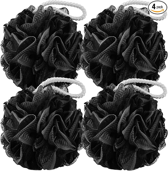 Bath Loofah Sponge Pack of 4-75g Black Color Mesh Shower Pouf for Women & Men, Loofah Exfoliating Body Scrubber & Bath Sponges – Gentle Shower scrunchies for Smooth Skin Care
