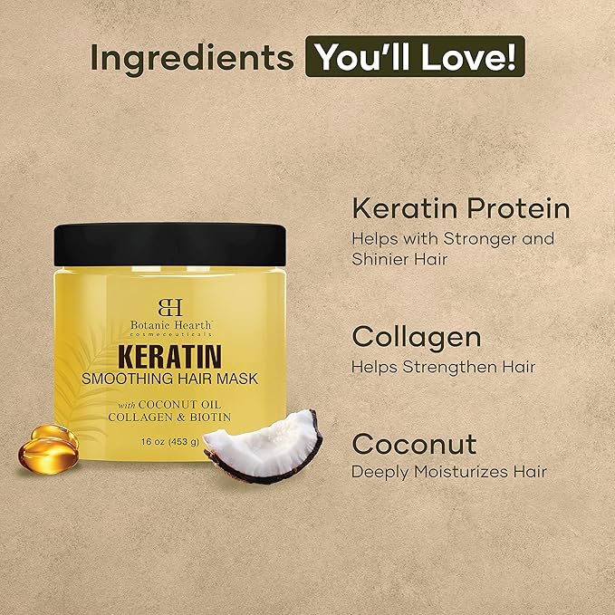 Botanic Hearth Keratin Hair Mask | Biotin, Collagen & Coconut Oil | for Dry Damaged Treated Hair | Restore, Repair, Smoothing, Conditioning & Strengthen All Hair Types | for Men & Women | 16 Oz