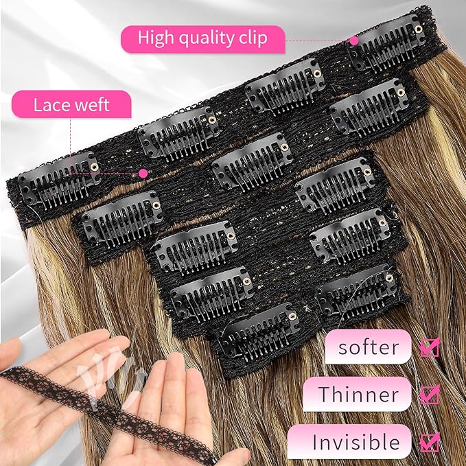 KooKaStyle Short Hair Extensions 6PCS 14 Inch Wavy Curly Hairpieces Synthetic Soft Lace Weft Clip in Hair Extensions-Light Brown with Caramel Blonde for Women