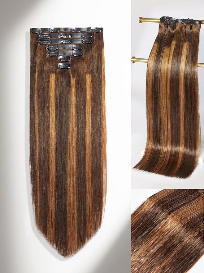 LUVME Seamless Clip in Hair Extensions, 20 Inch 135g 7pcs #4/27 Hair Extensions Clip in Human Hair Invisible PU Skin Weft Natural Remy Human Hair