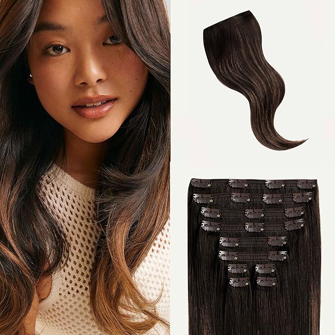 Luxy Hair 24" Mocha Brown Balayage Classic Clip-In Hair Extensions (240 grams) 100% Remy Human Hair, Natural,Volume, 10-Piece Set, Blends Easily