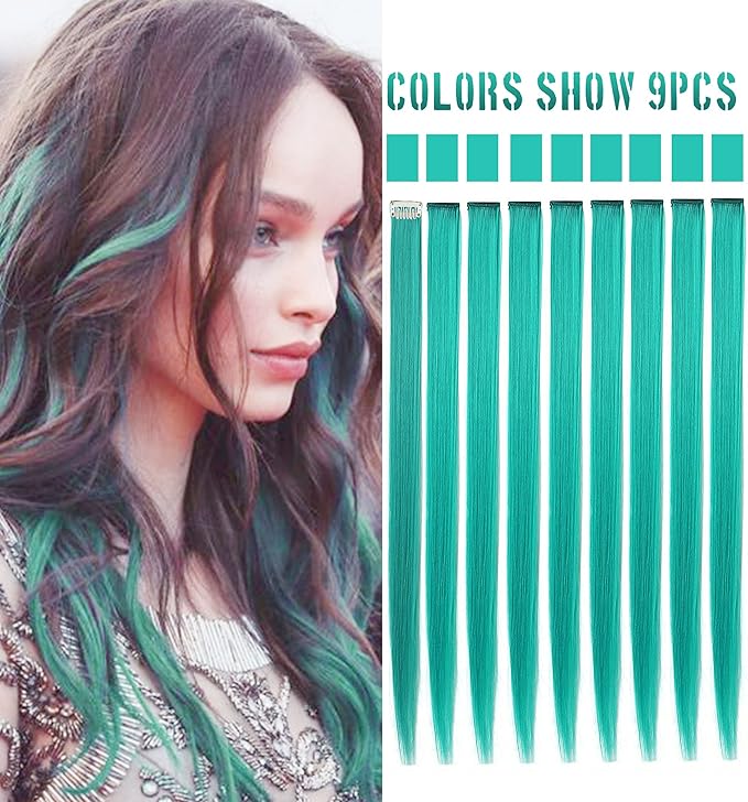 Rhyme 21'' 9PCS Princess Party Highlight Teal Hair Extensions Colored Hair Extensions Clip in/on for America Girls and Women Wig Hairpieces (Teal blue)