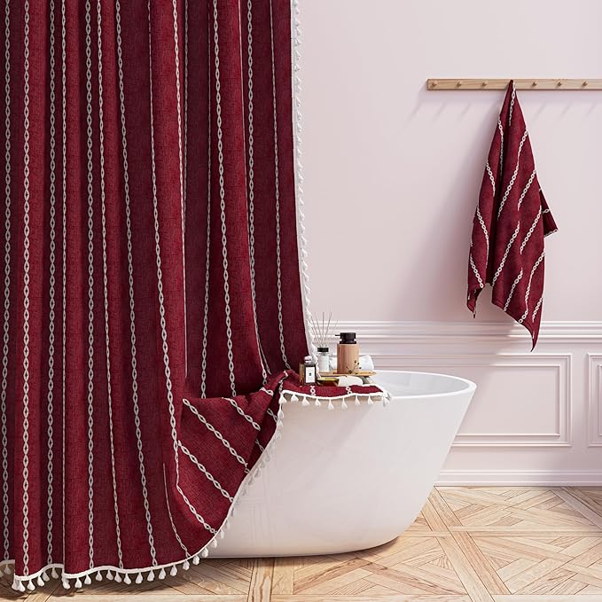 BTTN Stall Shower Curtain - 60x72 Narrow Boho Farmhouse Linen Vintage Striped Fabric Shower Curtain Set with 10 Hook, Bohemian Cottage Decorative Weighted Cloth Shower Curtains for Bathroom - Burgundy