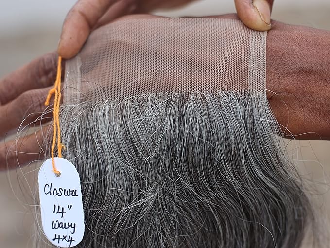 4x4 Closure 14" Salt & Pepper/Natural Gray Transparent Lace Hand Made with 100% Natural Indian Virgin Temple Raw Hair