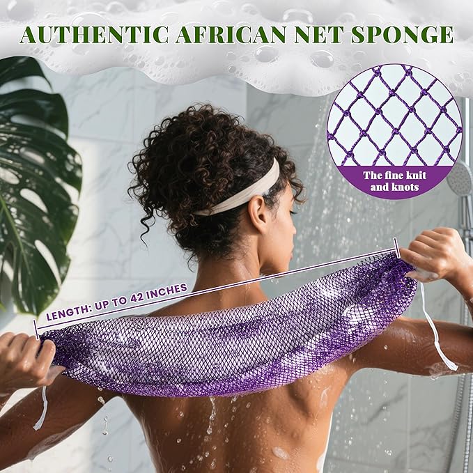African Net Sponge Authentic, 3 Pieces Exfoliating Scrubber Bath Sponge for All Skin Types, Back Scrubber Loofah Washcloth for Shower, Gentle Exfoliation (Pink,Purple,Golden)