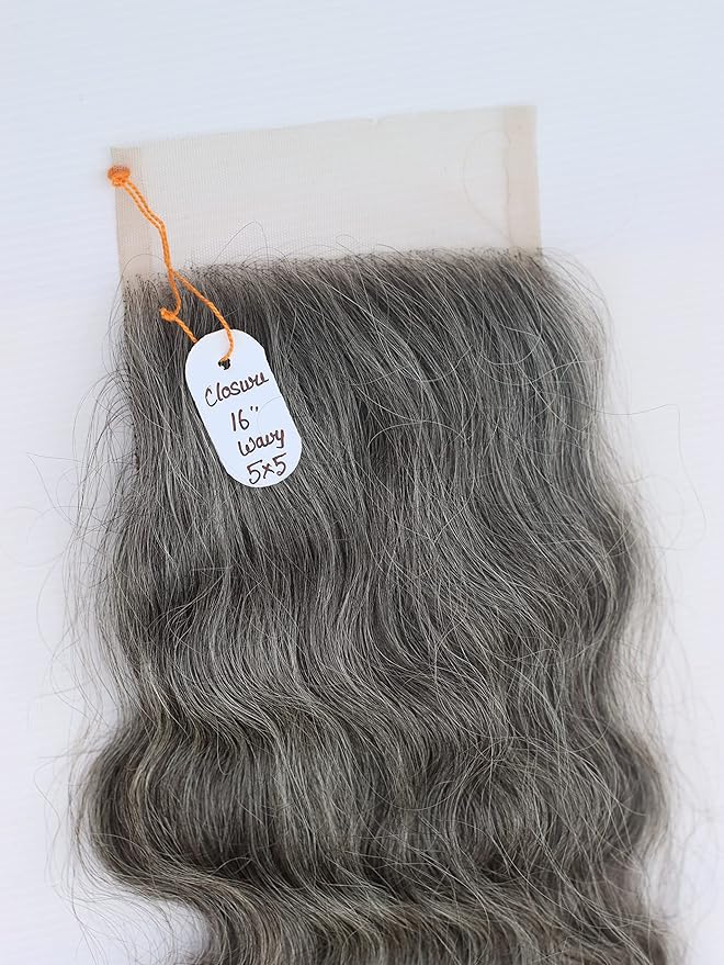 5x5 Closure 16" Salt & Pepper/Natural Gray Transparent Lace Hand Made with 100% Natural Indian Virgin Temple Raw Hair