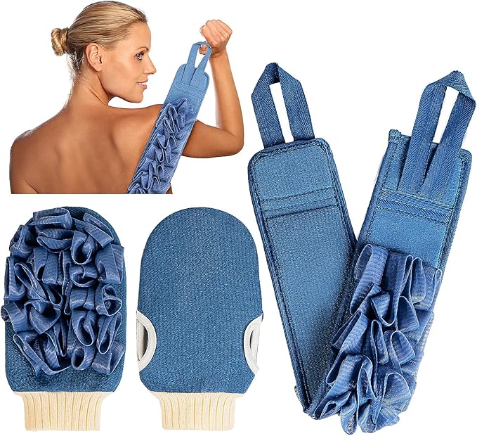 Deep Exfoliating Mitt Double-Sided Glove for Shower, with Long Exfoliating Washcloth Towel - Extreme Body & Back Scrubber Exfoliator, Body Massage Scrub & Bath Shower Loofah Sponge (2-Blue)