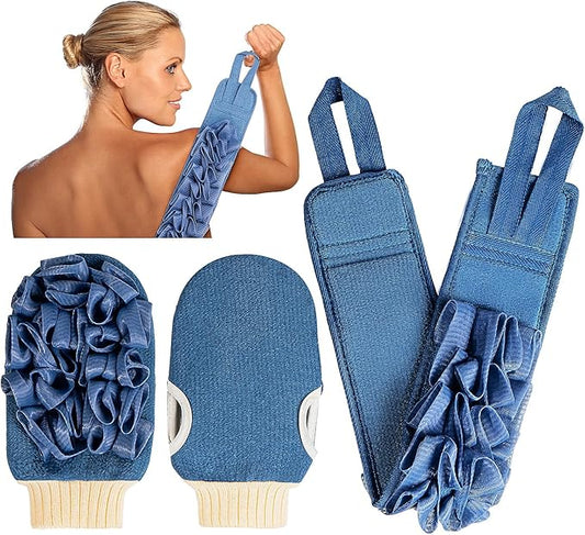 Deep Exfoliating Mitt Double-Sided Glove for Shower, with Long Exfoliating Washcloth Towel - Extreme Body & Back Scrubber Exfoliator, Body Massage Scrub & Bath Shower Loofah Sponge (2-Blue)