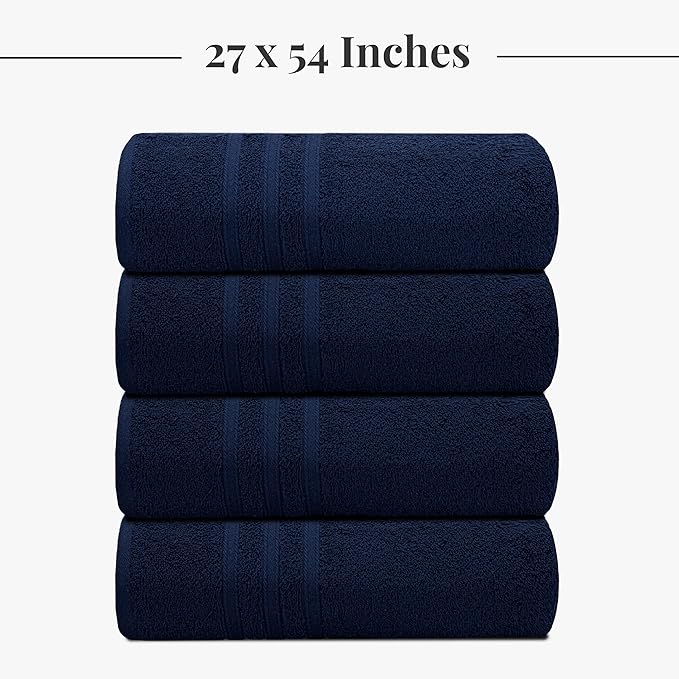 Tens Towels Pack of 4 Soft Bath Towels, 100% Cotton, 27 x 54 Inches, Lightweight & Quick-Dry, Ideal for Daily Bathroom Use, Practical & Comfortable, Navy