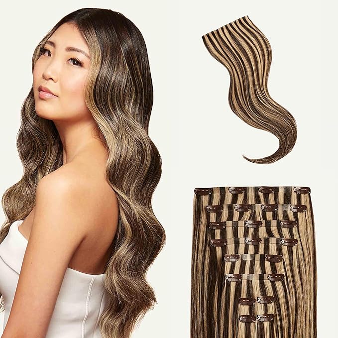 Luxy 100% Remy Human Hair - Seamless Clip-In Hair Extensions - Multi-Dimensional Color for Natural Blending, Adds Volume & Length 180 grams 20" Mocha Brown Highlights