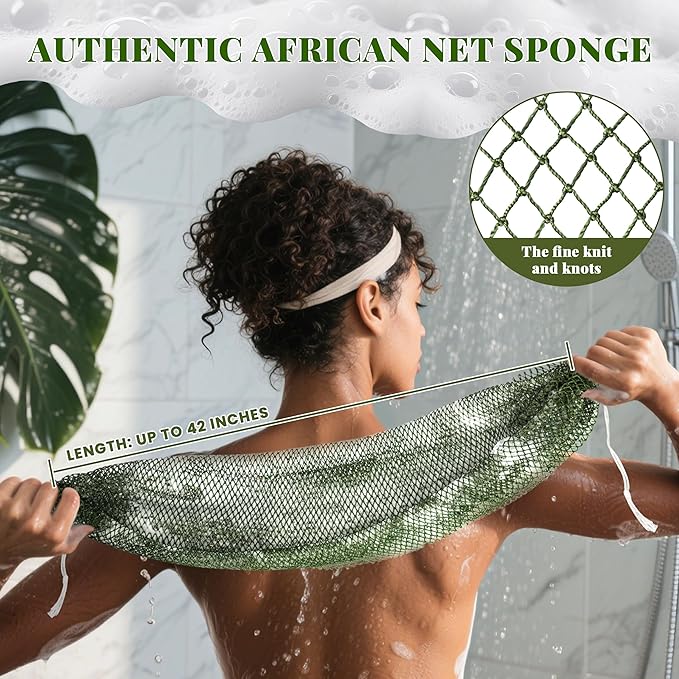African Net Sponge Authentic, 3 Pieces Exfoliating Scrubber Bath Sponge for All Skin Types, Back Scrubber Loofah Washcloth for Shower, Gentle Exfoliation (Dark Green,Light Green,Purple)