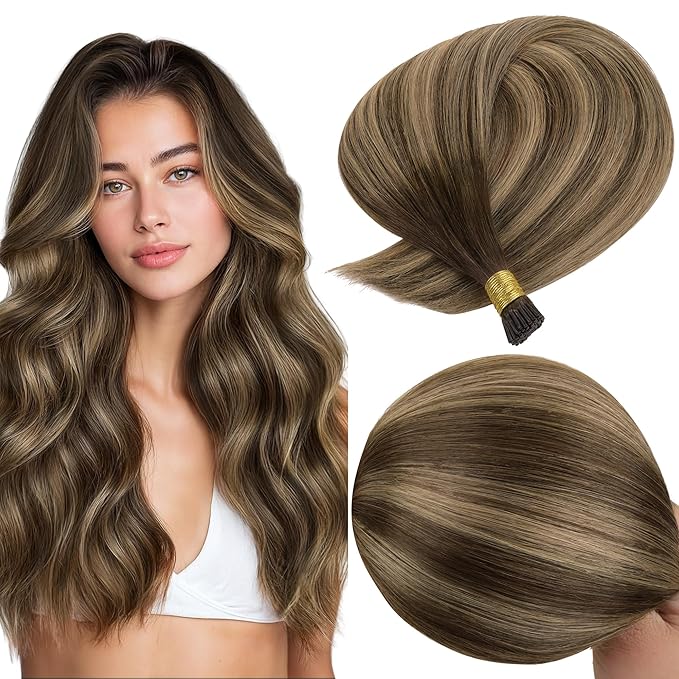 GOO GOO I Tip Hair Extensions Real Human Hair, 16inch 50g 100S, Invisible Remy Cold Fusion I Tip Hair Extensions, 4/27/4 Balayage Chocolate Brown to Caramel Blonde