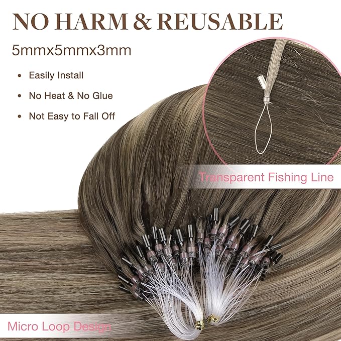 GOO GOO Micro Link Tip Hair Extensions Real Human Hair, 22inch 50g 50S, Cold Fusion Micro Link Tip Hair Extensions, Invisible Remy Hair Extensions, 4/26/4 Balayage Chocolate Brown to Honey Blonde