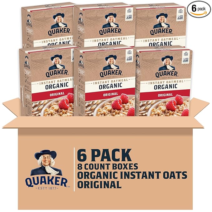 Quaker Instant Oatmeal, USDA Organic, Non-GMO Project Verified, Original, Individual Packets, 8 Count (Pack of 6)