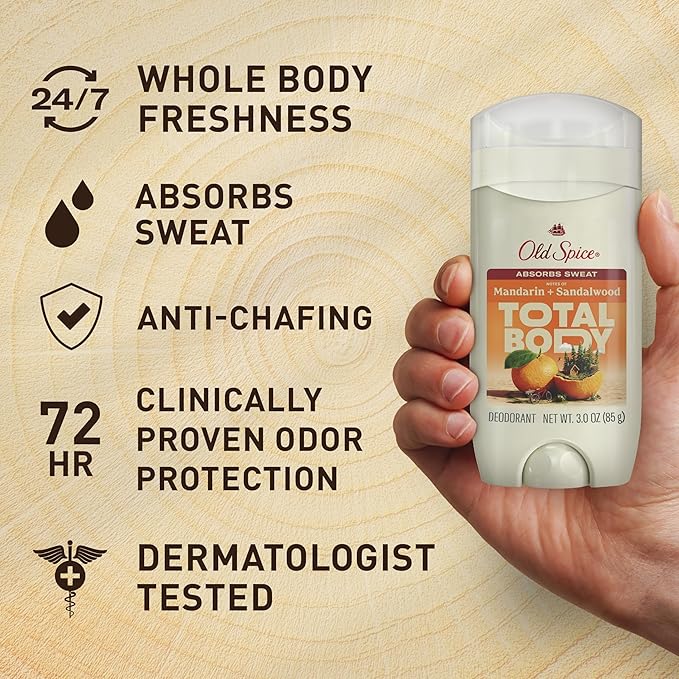 Old Spice Whole Body Deodorant Stick for Men, Aluminum Free, Mandarin + Sandalwood Scent, 24/7 Odor Protection, 24/7 Freshness, Dermatologist Tested, Gentle on Skin, Safe to Use All Over, 3.0 oz