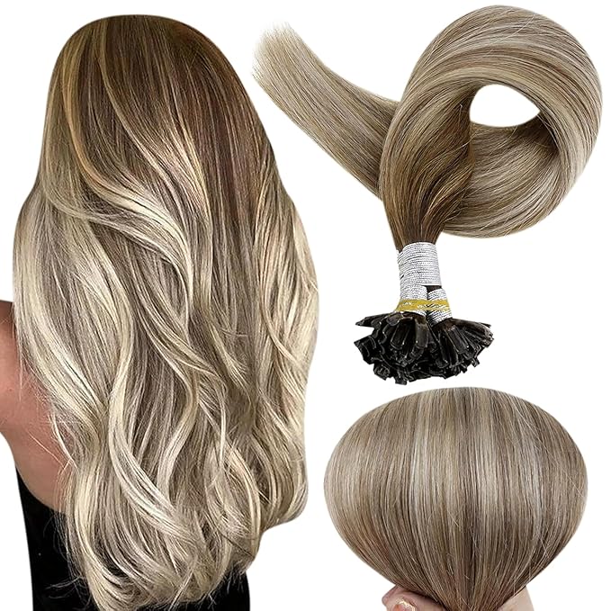 Full Shine U Tip Hair Extensions Human Hair Color 3 Medium Brown Ombre to 8 Ash Brown and 22 Honey Blonde 16 Inch 50 Grams K Tip Hair Extensions ReaL Human Hair for Women add Volume