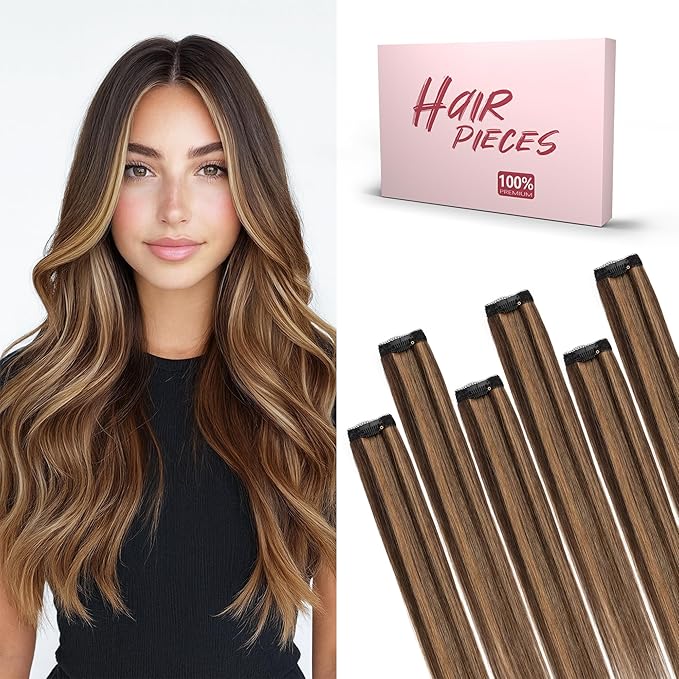 SEGO Single Clip In Hair Extensions Real Human Hair 6 Pcs Individual Clip Ins Highlight Remy Balayage Straight Soft Seamless Hairpieces for Women -16 Inch #2RP6 Dark Brown & Light Brown