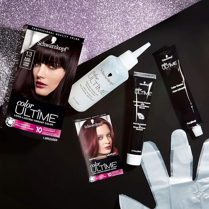 Schwarzkopf Color Ultime 1.3 Black Cherry Hair Dye, Permanent Intense Black with Diamond Brilliance, Fade-Resistant, Covers Grays, All Hair Textures