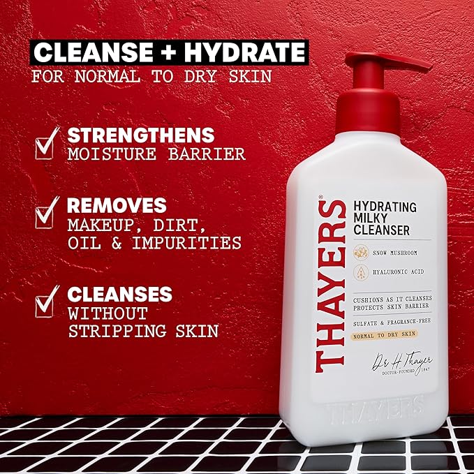 THAYERS Milky Hydrating Face Cleanser with Snow Mushroom Tremella and Hyaluronic Acid, Dermatologist Recommended Gentle Facial Wash, Hydrating Skincare for Dry, Sensitive Skin, Paraben Free, 8 Fl Oz