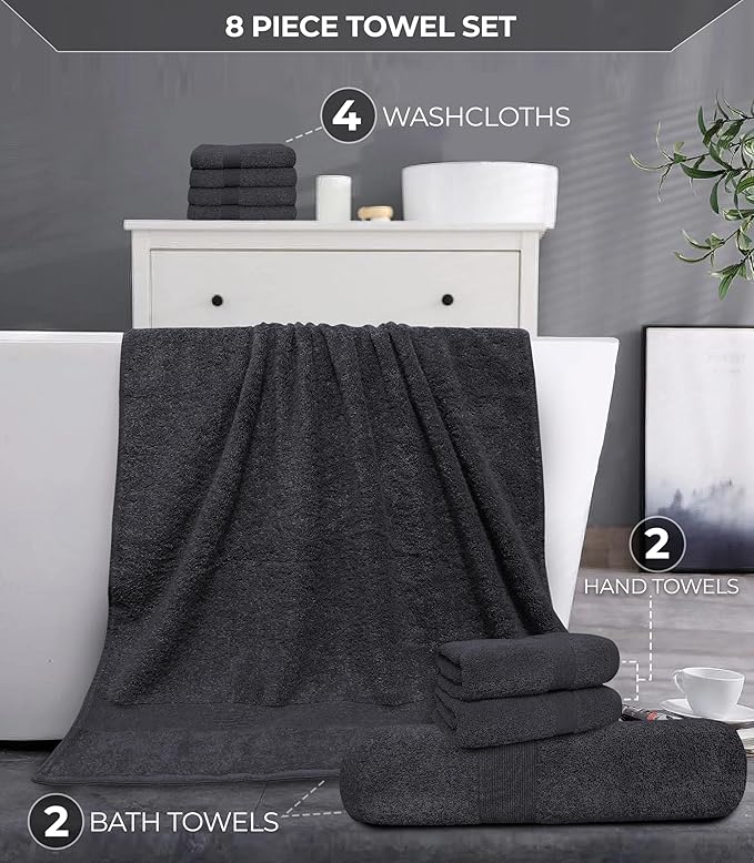 Softolle Luxury 8 Piece Towel Set, 2 Bath Towels 2 Hand Towels 4 Washcloths, Towels for Bathroom, Home, Spa & Gym - Highly Absorbent Ultra Soft Quick-Dry (Grey)