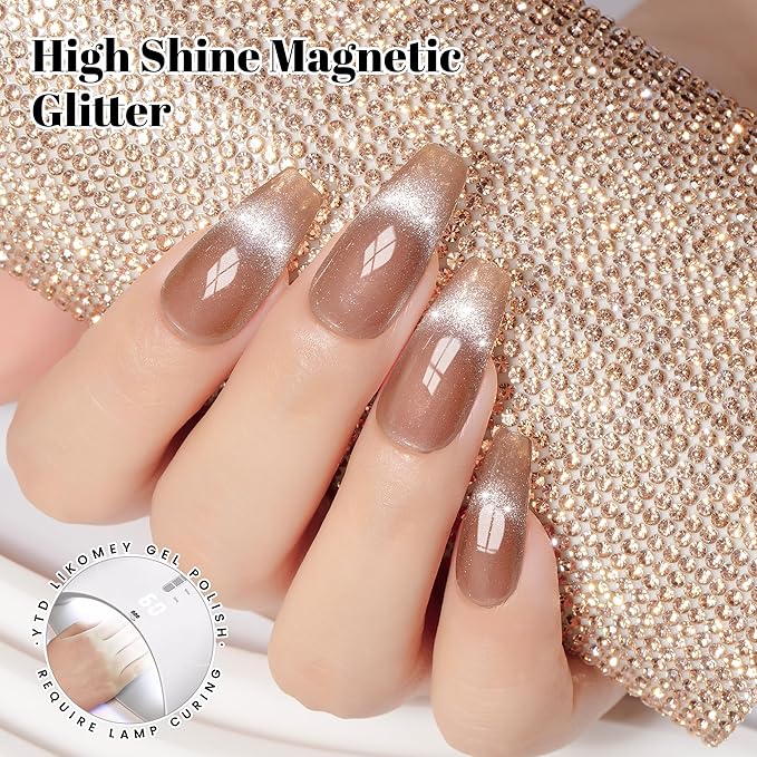 YTD Likomey Cat Eye Gel Nail Polish Set,Fall Winter 8 Colors Crystal Magnetic Glitter with Magnet Stick Kit,Silver Green Blue Black Champagne Gold Brown Plum UV Color Varnish,0.25 Fl Oz 7.5 ml