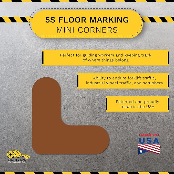 Mighty Line 3/4" Wide Solid Mini Corner Marker Floor Marking Tape, Heavy-Duty, Peel and Stick, Adhesive, Industrial Quality, Brown, Pack of 108