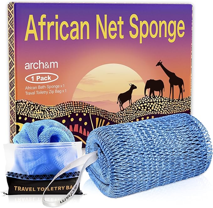 African Net Sponge Authentic Exfoliating - Exfoliating Body Scrub Bath Sponge Back Scrubber Washcloth for Shower Travel Toiletry Bag Real African Afroscrub Exfoliator Care Bathing Accessories Sky Blue