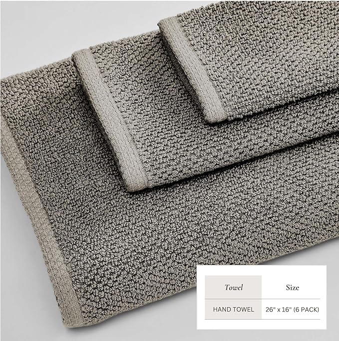 Great Bay Home 100% Cotton 6 Pack 26x16 Hand Towel Set - Absorbent, Quick-Drying, Durable Towels for Bathroom Decor - Low-Twist, Two-Ply Fibers (Dark Grey)