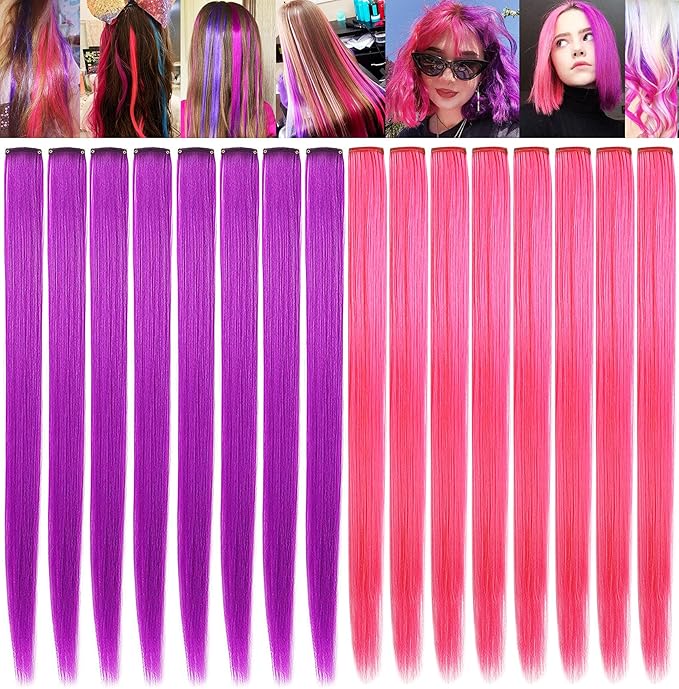 10 PCS Pink and Purple Wig Pieces Colorful Party Highlights Clip in Pink and Purple Hair Extensions Multicolors Straight Synthetic Hairpieces for Women Teens Girls