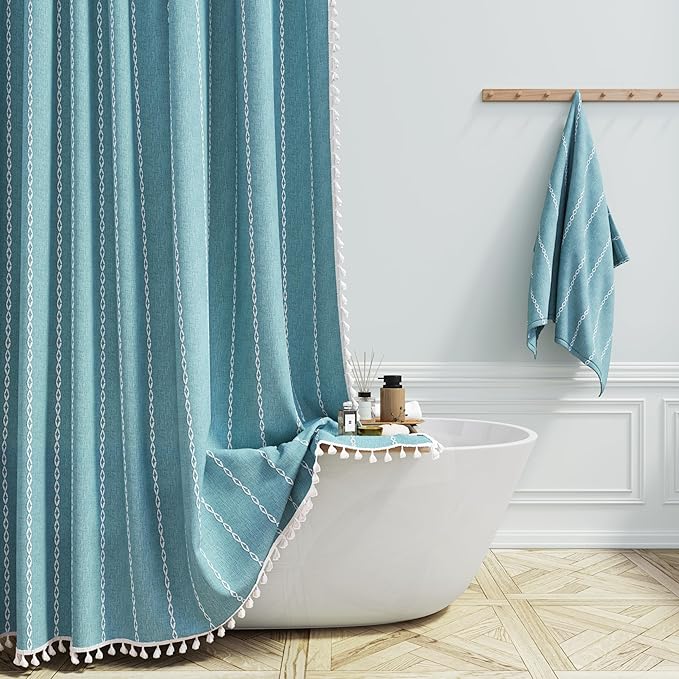 BTTN Extra Long Shower Curtain, 96 Inch Boho Rustic Striped Fabric Shower Curtain Set with Tassel, Water Repellent, Tall Bohemian Chic Farmhouse Shower Curtain for Bathroom with Hooks, 72x96, Teal