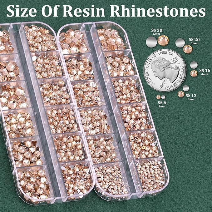 Resin Rhinestones for Crafting with B7000 Jewelry Glue, 2 Boxes Champagne Flatback Crystals with 3Pcs 10ml Glue for Bedazzling Crafts DIY Nail Art Makeup，Non Hotfix Gems for Clothing Shoes
