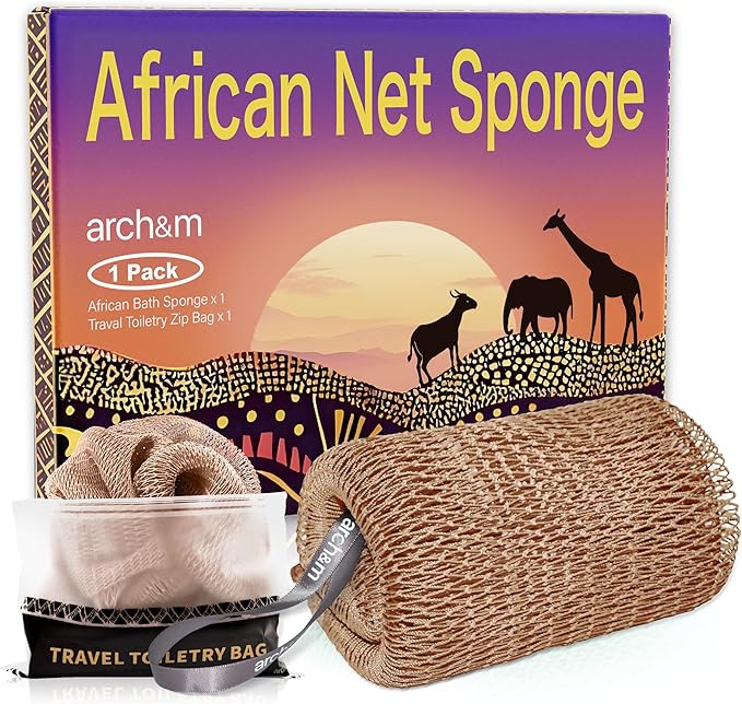 Afro Scrub African Net Sponge - Authentic African Wash Cloths Exfoliating Body Sponges for Showering Back Scrubber Exfoliator Shower Loofah for Body Bath Accessories Champagne by ARCH&M