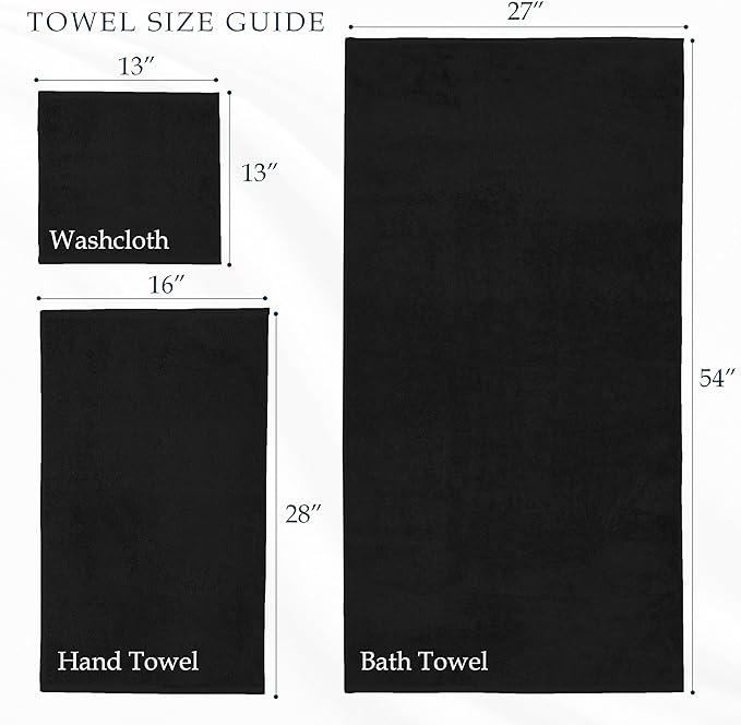 Mocassi Luxury 100% Turkish Cotton 6-Piece Towel Set - Ultra Soft, Quick Dry Highly Absorbent Premium Spa Hotel Quality Bath Towels, Includes 2 Bath Towels, 2 Hand Towels and 2 Washcloths, Black