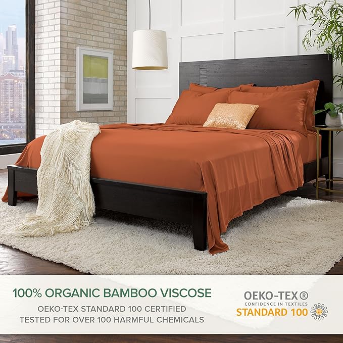 Pure Bamboo Split King Sheets, Genuine 100% Organic Viscose Derived from Bamboo Bed Sheet Set, Soft & Cooling, Double Stitching, 2 Fitted Sheets (Split King, Terracotta)