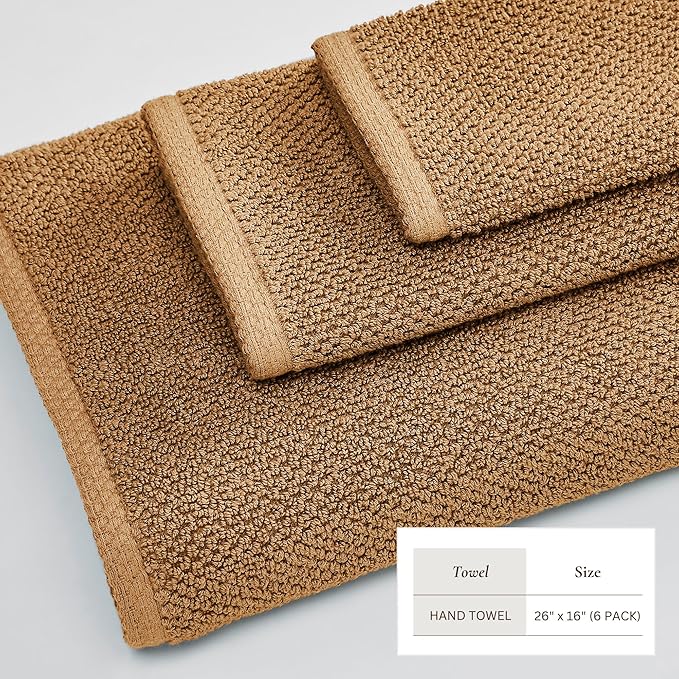 Great Bay Home 100% Cotton 6 Pack 26x16 Hand Towel Set - Absorbent, Quick-Drying, Durable Towels for Bathroom Decor - Low-Twist, Two-Ply Fibers (Mocha)