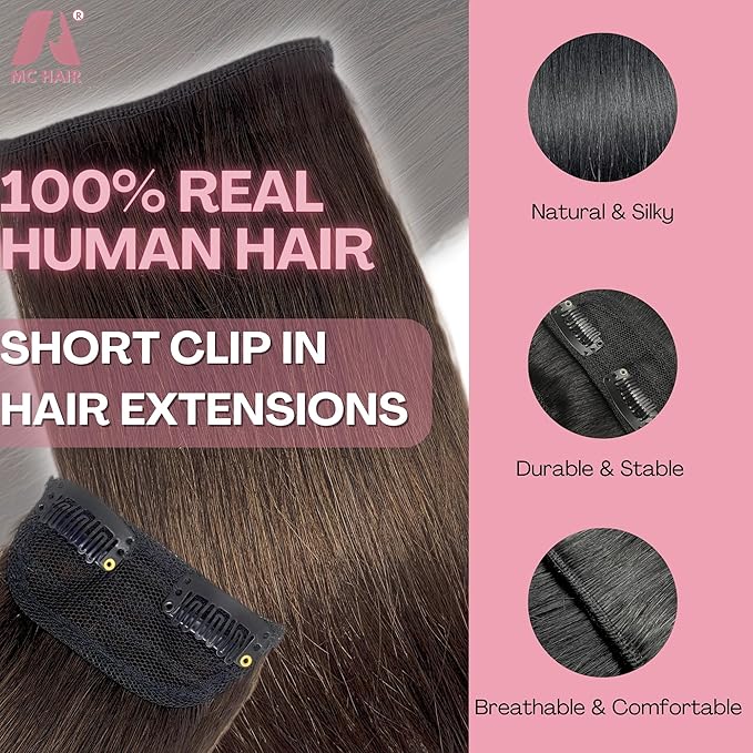 2 Pcs Short Hair Extensions, Extensions Clip in Human Hair for Women Adding Volume 8 Inch Dark Brown