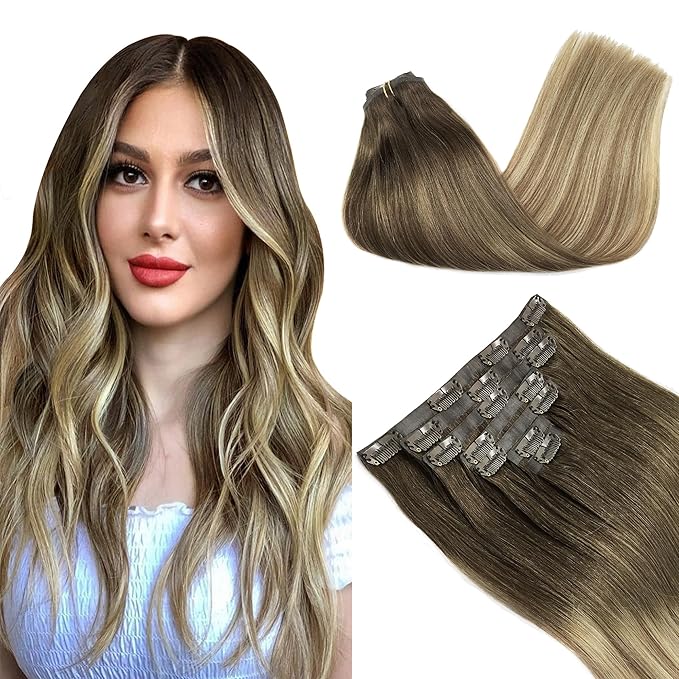GOO GOO Clip in Hair Extensions Real Human Hair, Remy Human Hair Extensions Clip ins for Women, Natural Human Hair, 22inch 150g 7Pcs, 3/8/613 Balayage Walnut Brown to Ash Brown and Bleach Blonde