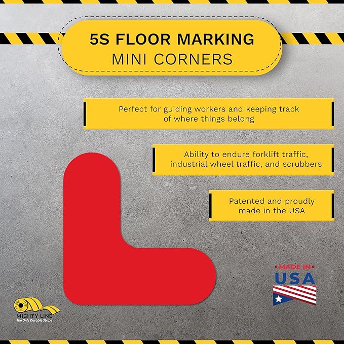 Mighty Line 3/4" Wide Solid Mini Corner Marker Floor Marking Tape, Heavy-Duty, Peel and Stick, Adhesive, Industrial Quality, Red Pack of 108