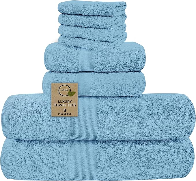 Softolle Luxury 8 Piece Towel Set, 2 Bath Towels 2 Hand Towels 4 Washcloths, Towels for Bathroom, Home, Spa & Gym - Highly Absorbent (Sky Blue)