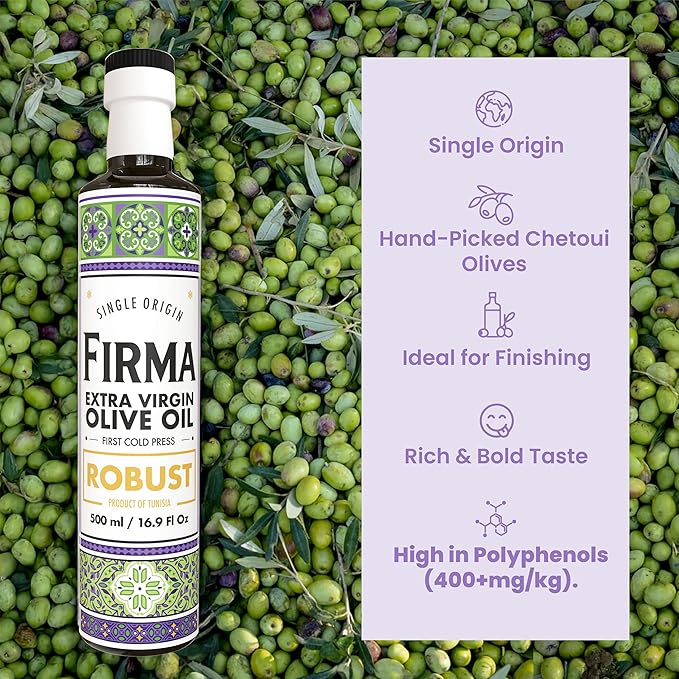 Robust Extra Virgin Olive Oil, 500mL – Mono-Varietal Single Origin Chetoui from Northern Tunisia– Bold & Rich Flavor, Cold-Pressed, High in Polyphenols, Hand-Picked, Family Produced, 16.9 oz (500mL) (Bold & Rich)