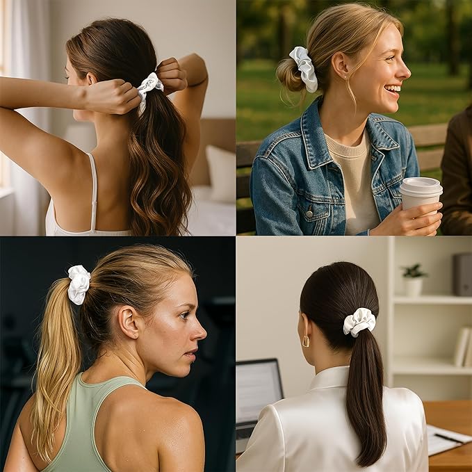 Pure Silk Scrunchies, 100% Mulberry Silk Hair Elastic for Women, Anti-Crease, Gentle on Hair (1, White)
