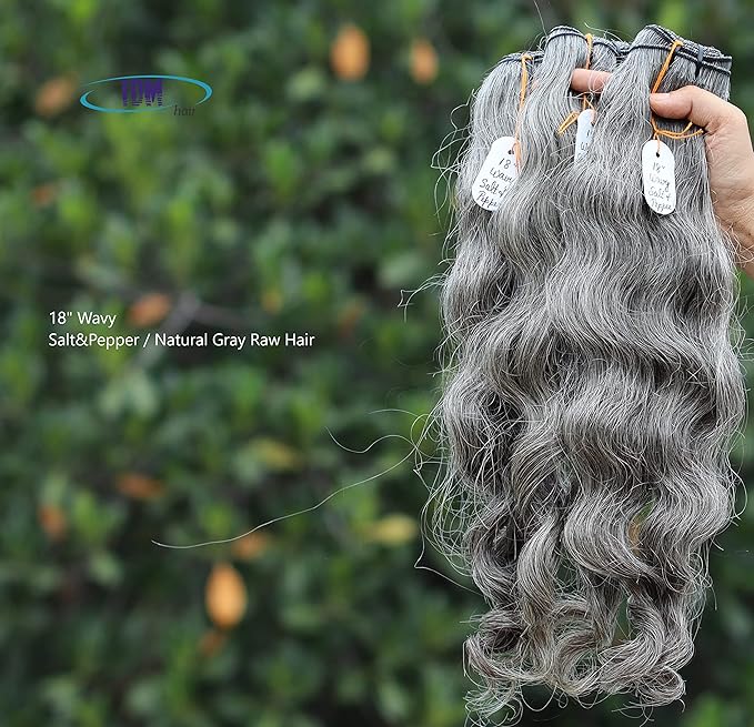 18' Wavy Salt & Pepper/Natural Gray 3 bundles. 100% Natural Indian Virgin Raw Hair Extensions. Unprocessed, Chemical-Free