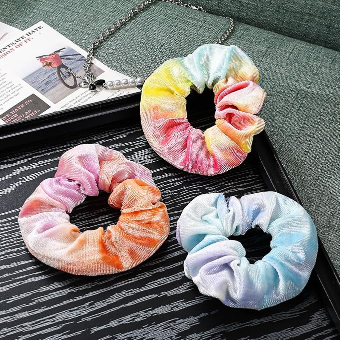 Velvet Scrunchies with Zippers Pocket, 8 Pcs Tie Dye Soft Hair Ties, Hidden Pocket Hair Scrunchies Accessories for Women Girls, Soft Ponytail Holder Secret Compartment Items (Rainbow Colors)