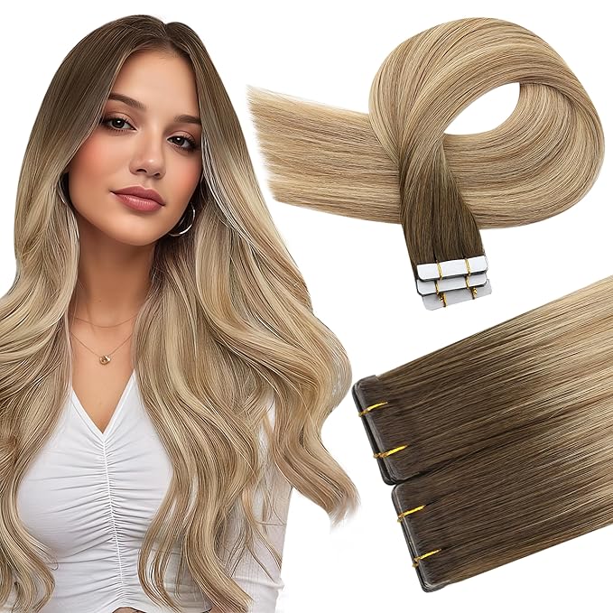 Full Shine Invisible Injected Tape in Hair Extensions Human Hair Color 3 Brown Fading to 8 And 22 Blonde Seamless Tape in Extensions 20Gram Machine Virgin Hair Extensions Tape ins 14Inch 10Pcs