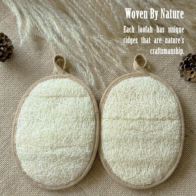 Natural Loofah Body Scrubber for Sensitive & All Skin Types, Made with Egyptian Organic Luffa, Biodegradable Gentle Exfoliating Bath Loofah for Women & Men, Large Size Shower Loofah 2 Pack