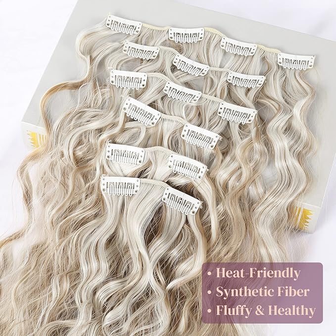 LONAI Clip In Hair Extensions, 6PCS Curly 24" Long Synthetic Clip On Hairpiece For Women-Light Blonde with White Blonde Highlights