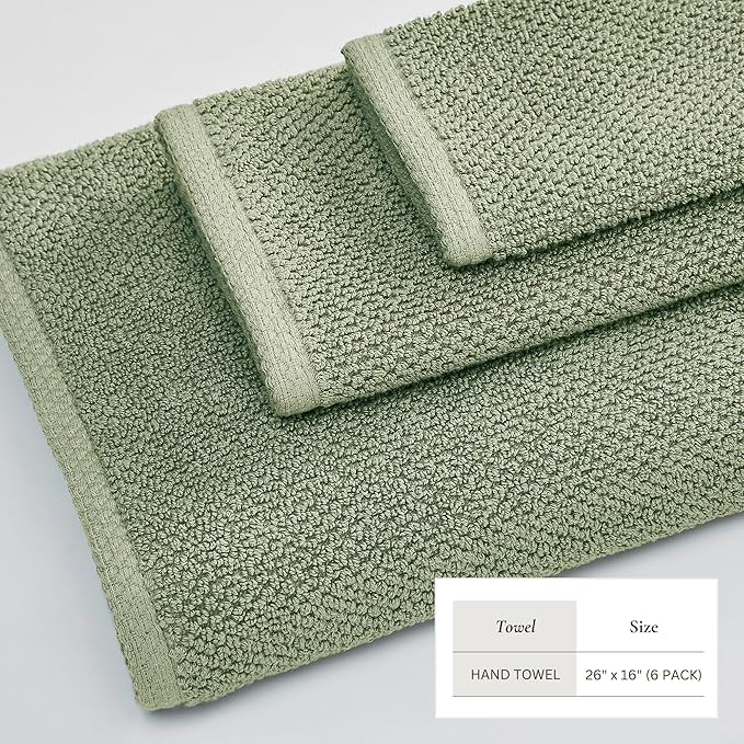 Great Bay Home 100% Cotton 6 Pack 26x16 Hand Towel Set - Absorbent, Quick-Drying, Durable Towels for Bathroom Decor - Low-Twist, Two-Ply Fibers (Eucalyptus)